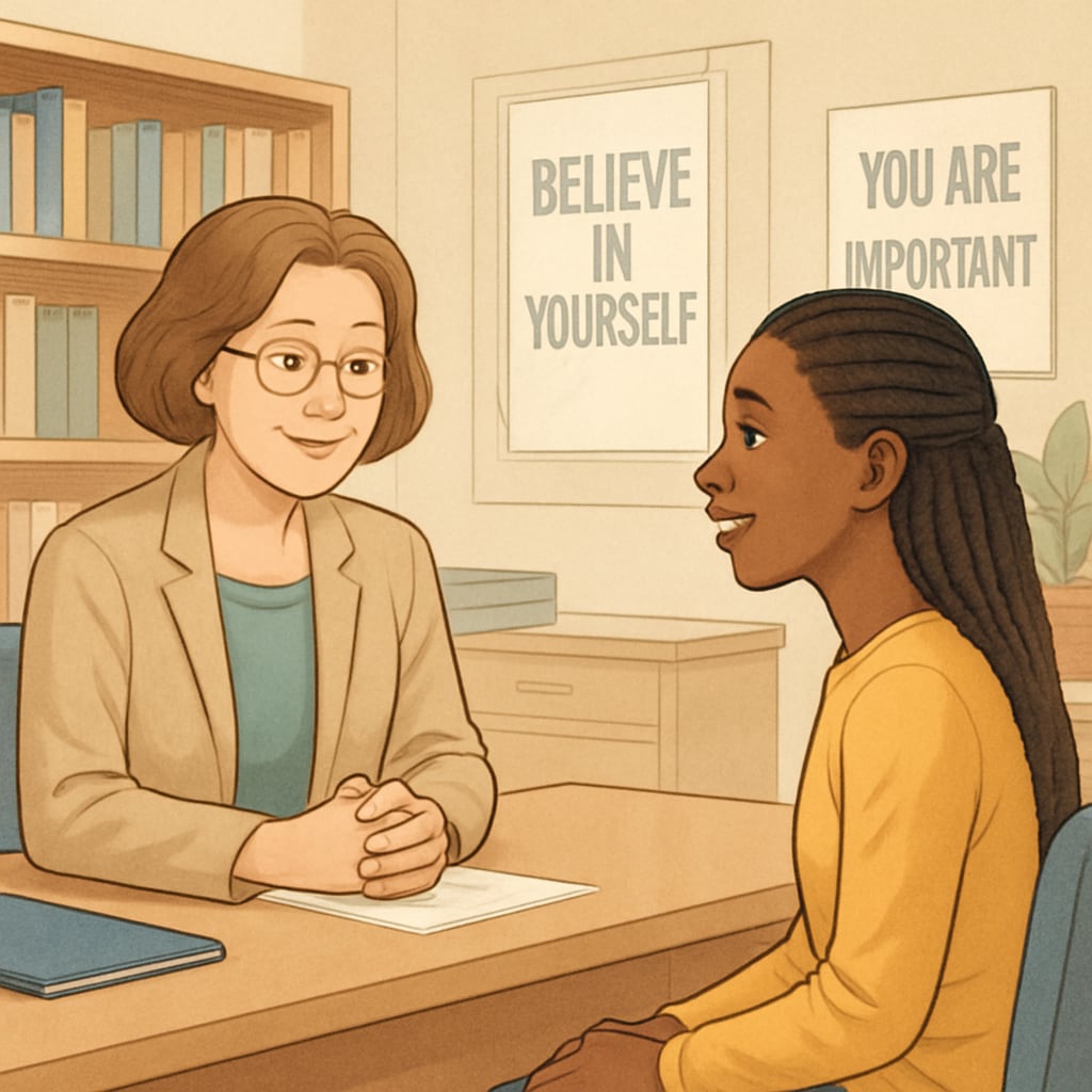 A school counselor speaking with a student in a supportive environment, representing psychological intervention. A school counselor offering support to a student, illustrating the need for psychological interventions in public schools.