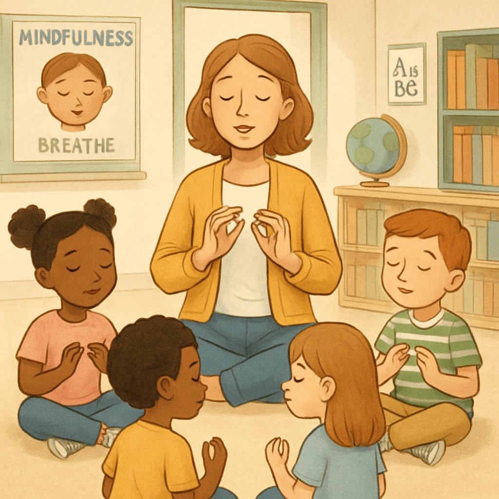 Teacher leading a mindfulness session to support emotional education for children.