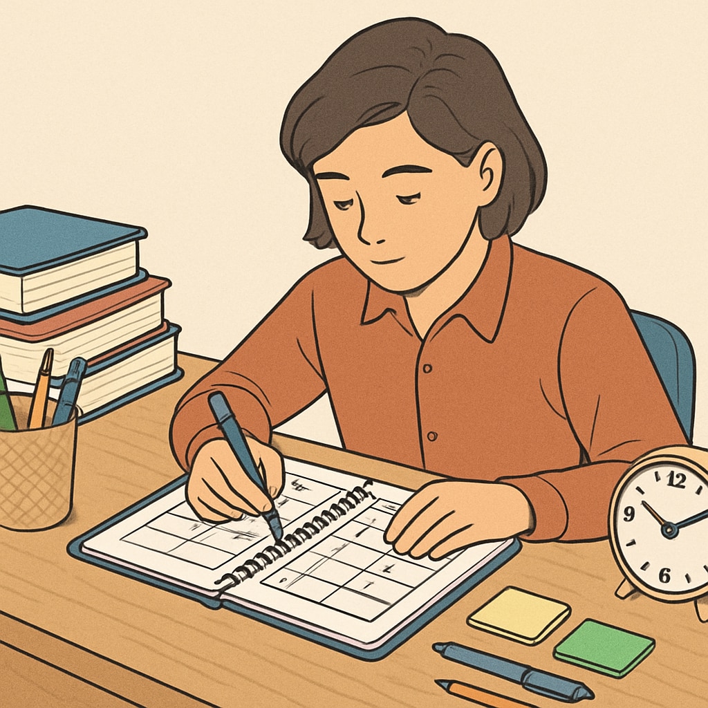A student organizing their tasks on a planner, symbolizing time management. Time management skills for students, illustrated through a student using a planner.