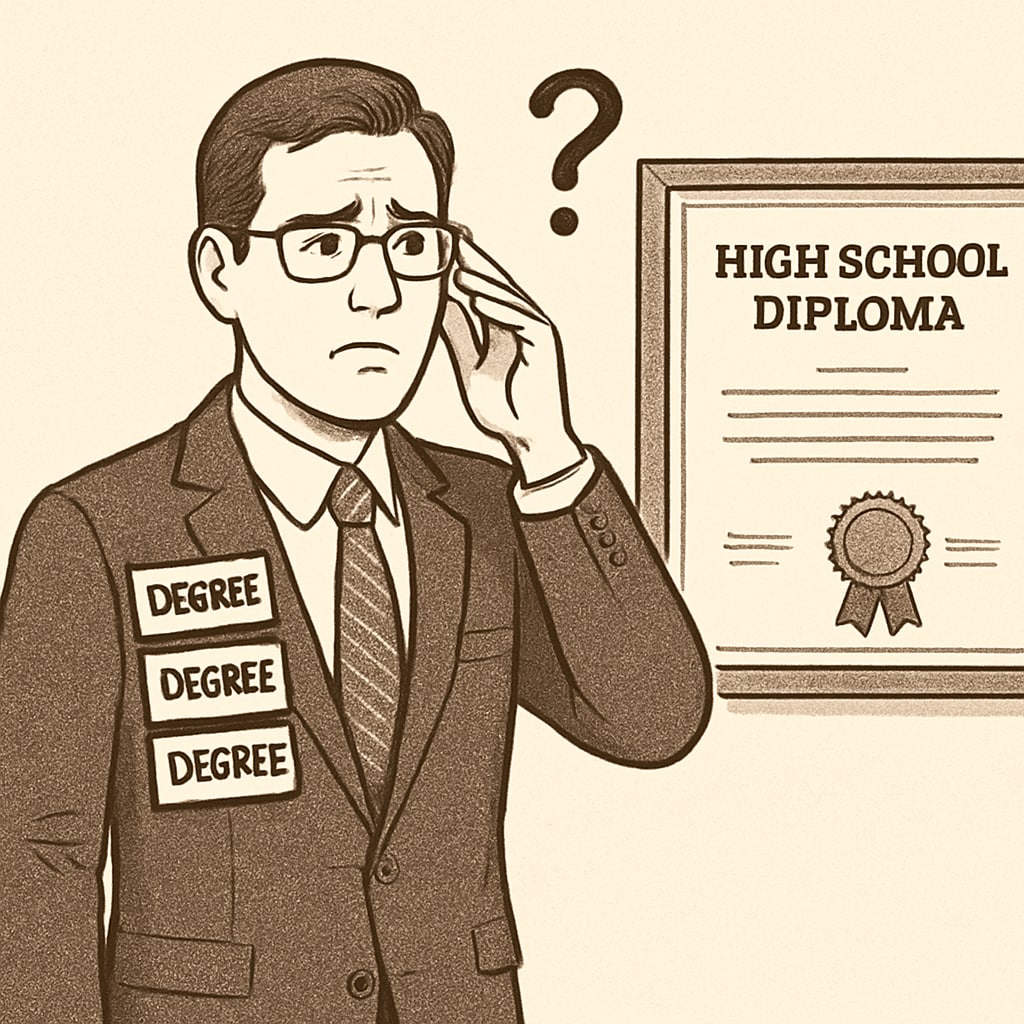 A professional holding multiple university degrees, looking perplexed beside a high school diploma. A professional with university degrees overshadowed by a high school diploma, representing Arizona's employment qualification paradox.