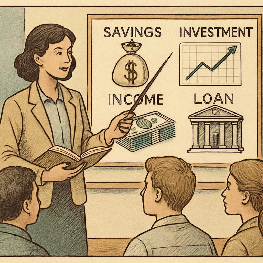 A teacher explaining financial concepts to students using a visual chart. Financial literacy education illustrated with a teacher and students discussing money management.