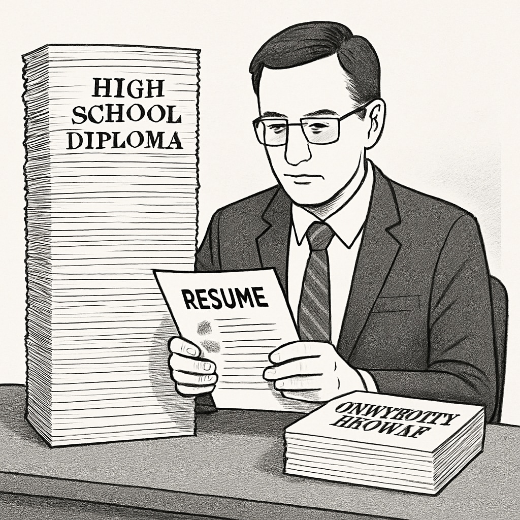 A hiring manager reviewing resumes, with a stack of high school diplomas overshadowing university degrees. Hiring manager prioritizing high school diplomas over university degrees, illustrating outdated hiring practices.