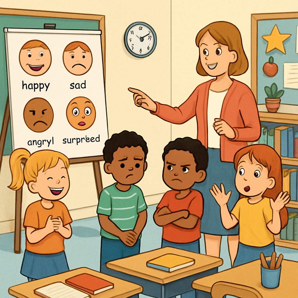 An illustration of children role-playing different emotions in a classroom setting. This scene shows an engaging method of teaching emotional understanding. Children role-playing emotions in a classroom setting for emotional education.
