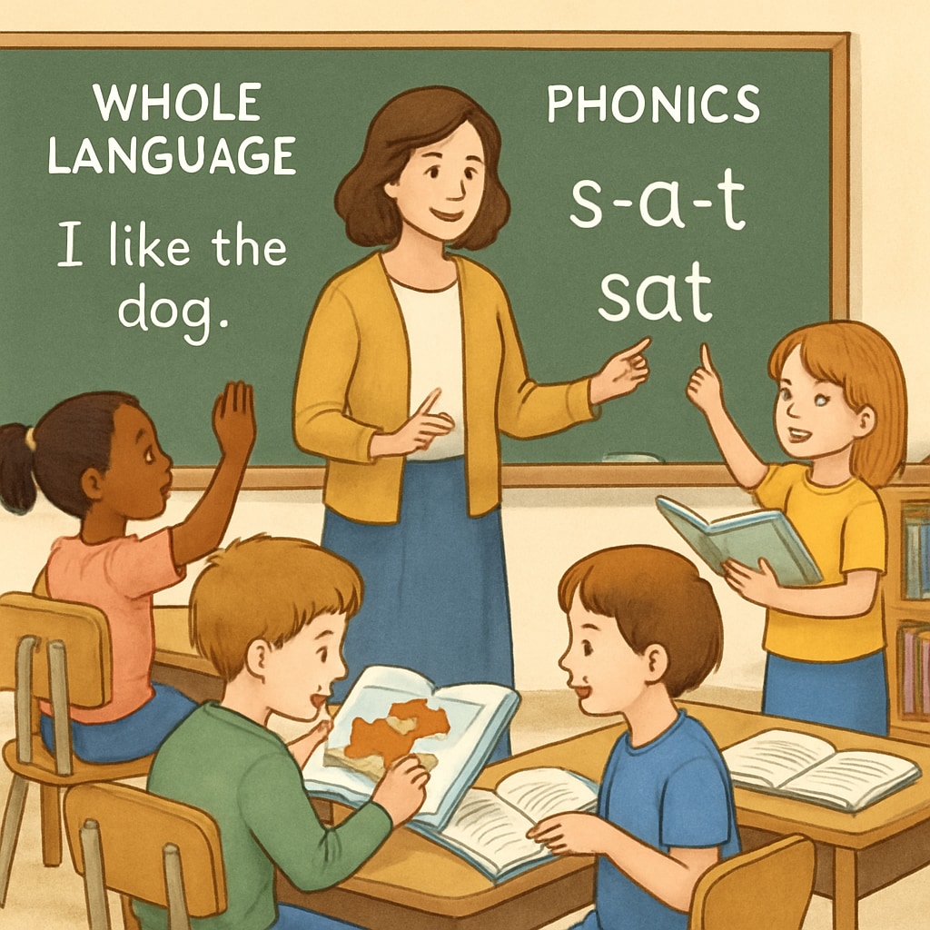 A classroom of young children engaged in reading activities, illustrating the contrast between whole language and phonics approaches. Students in a classroom participating in reading exercises, highlighting whole language and phonics methods.