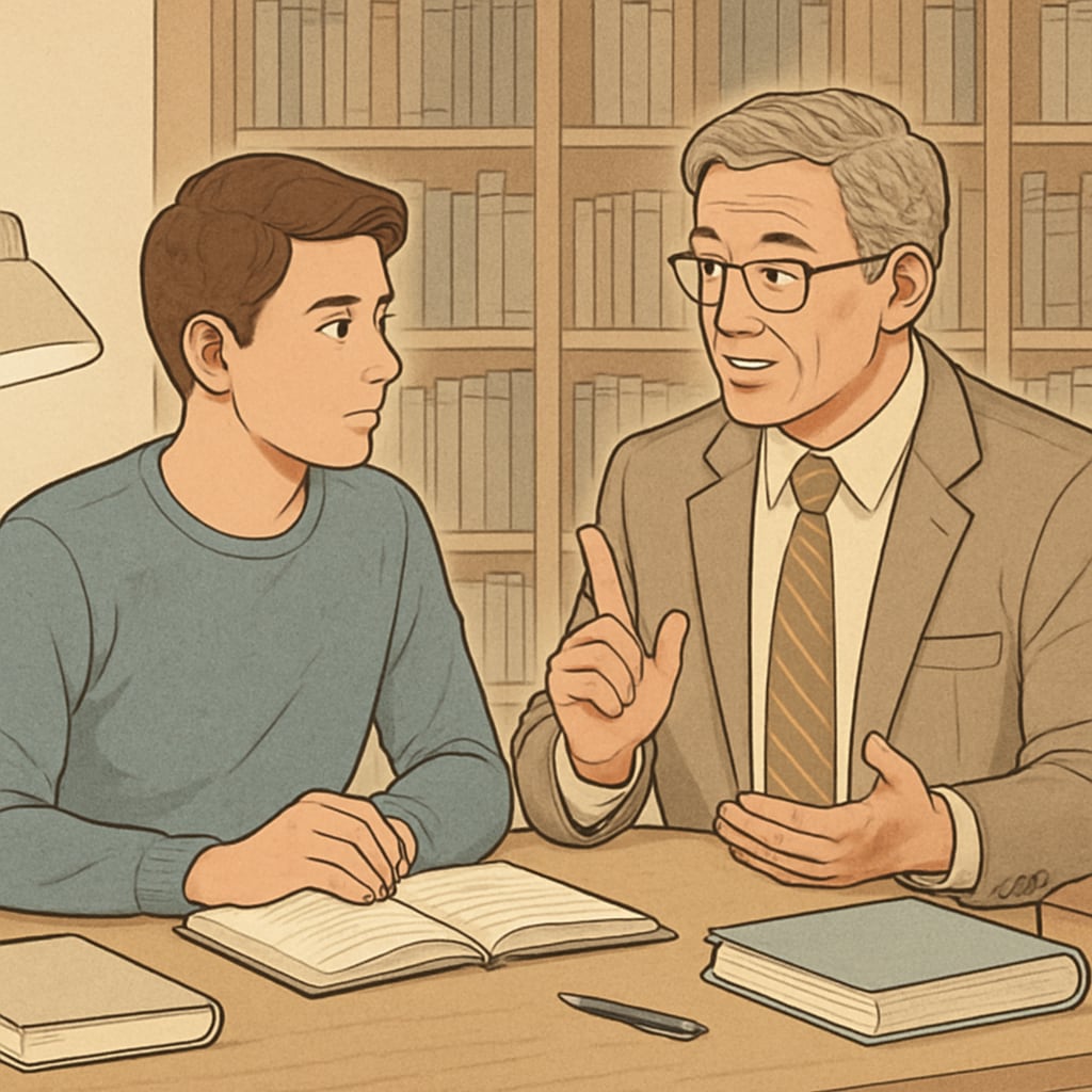 A university student sitting in a library, receiving academic advice from a mentor. Student mentoring session in a university library focused on academic success