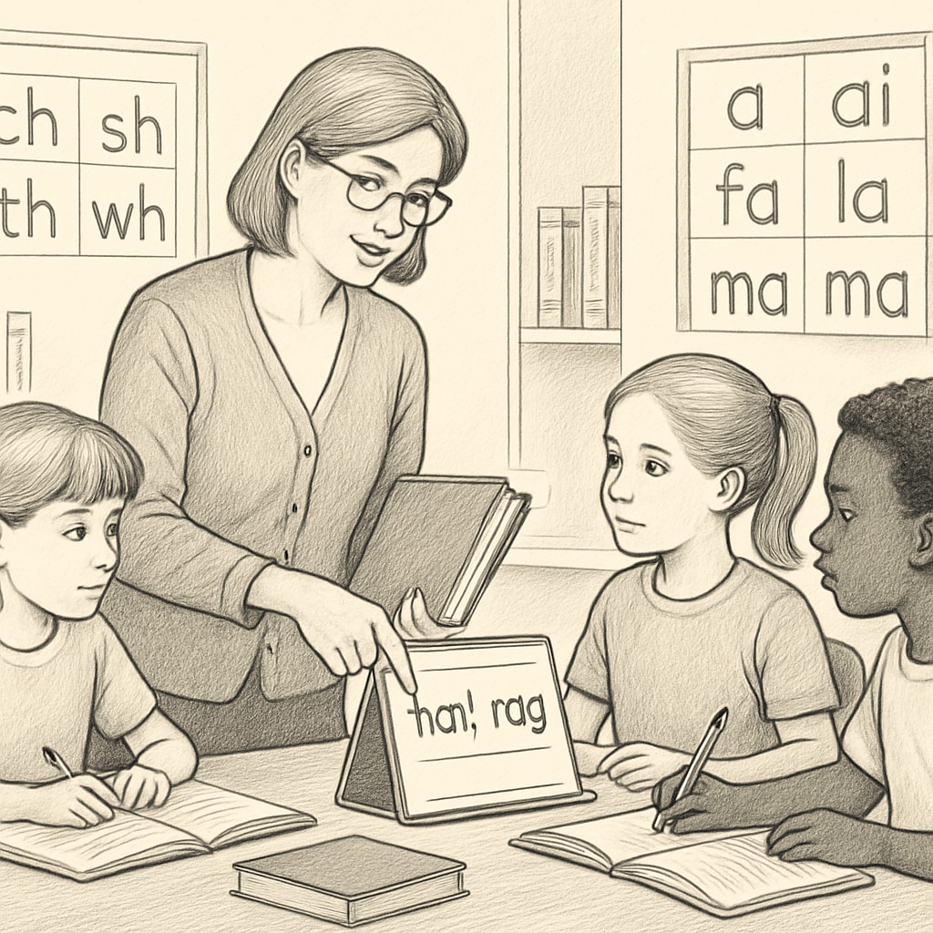 A teacher guiding a small group of students through phonics-based exercises, highlighting the systematic approach. Teacher conducting a phonics lesson with young students, emphasizing structured reading instruction.