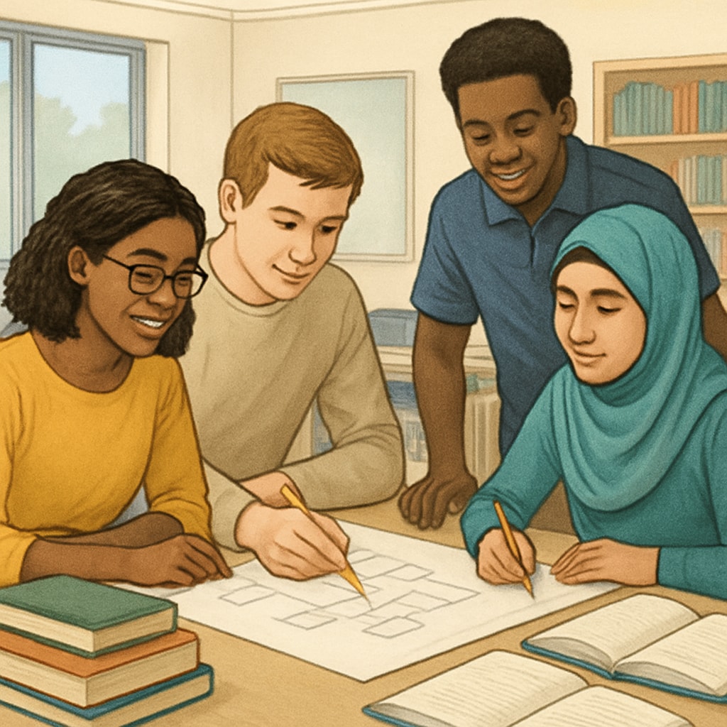 A diverse group of students collaborating on a project in a modern classroom. Engaged students working together in an inclusive and collaborative classroom