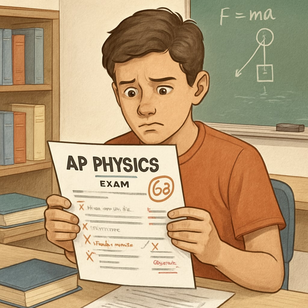 High school student reviewing AP Physics exam results—teacher errors impact grades.