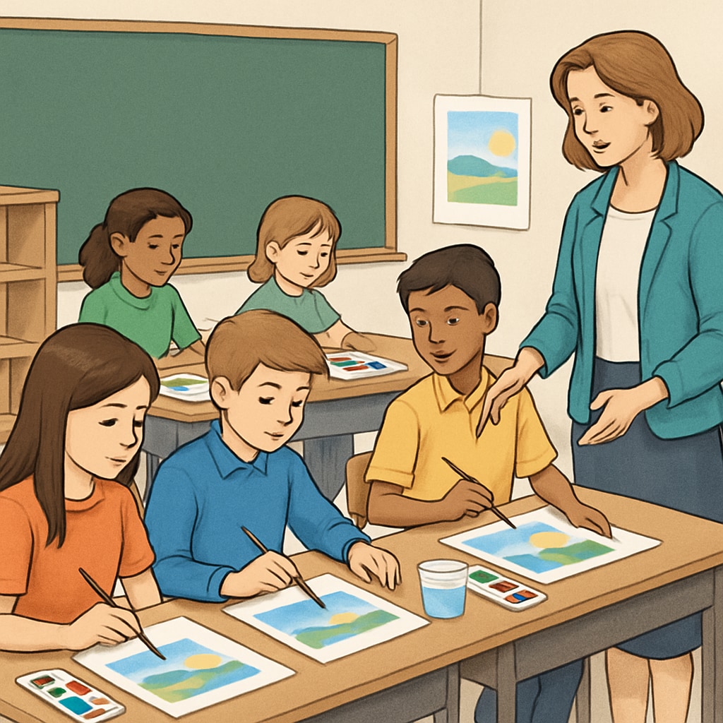 A group of students attending an art class, with the teacher guiding them through a painting activity. Teacher conducting an arts education class with students painting.
