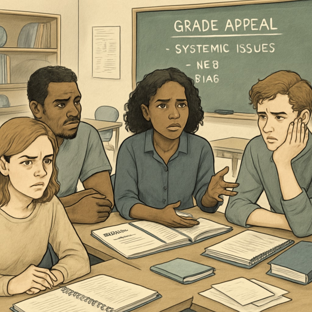 Group of students discussing failed grade appeals—systemic education issues.
