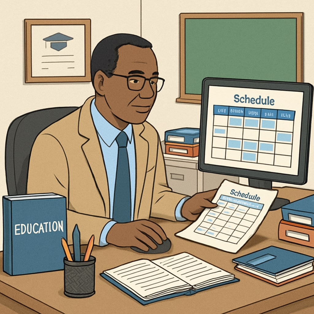 A school administrator working in an office setting, reviewing schedules on a computer. Education jobs, non-teaching roles, school hours - school administrator at desk.