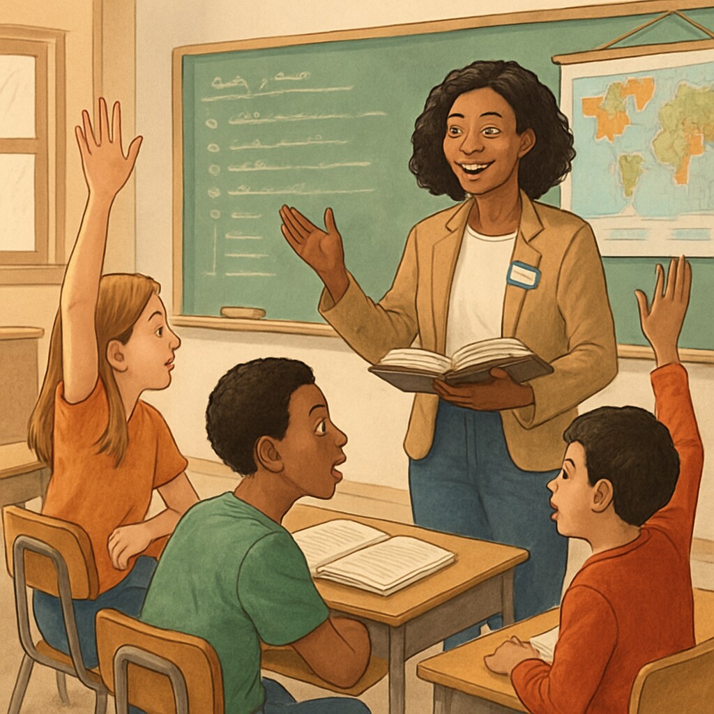 A Teach for America participant leading a vibrant classroom discussion in an under-resourced school. Teach for America participant teaching in a classroom.