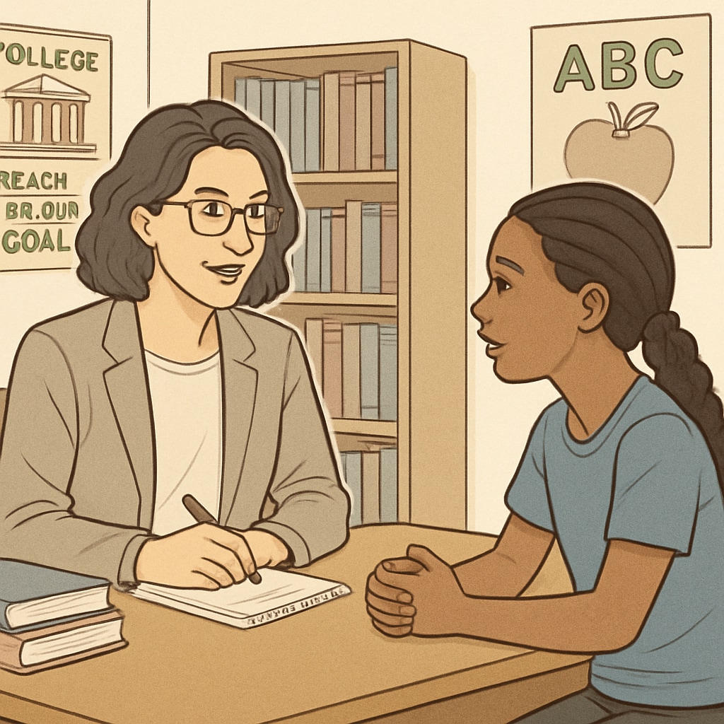 A school counselor sitting with a student in a counseling session, discussing challenges. Education jobs, non-teaching roles, school hours - school counselor helping student.