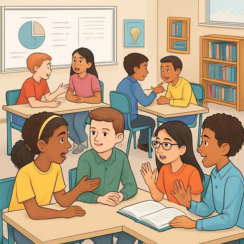 A diverse classroom where students are engaged in a critical thinking activity, such as a debate or group discussion. Students discussing in a classroom setting, symbolizing critical thinking fostered by education.