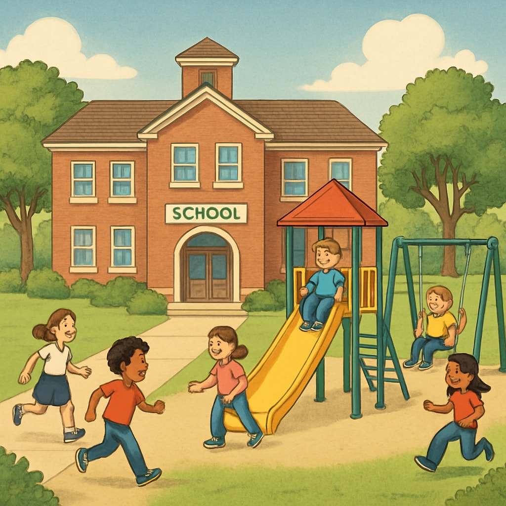 A welcoming public elementary school campus with children playing on the playground. Public elementary school campus with children playing outside.