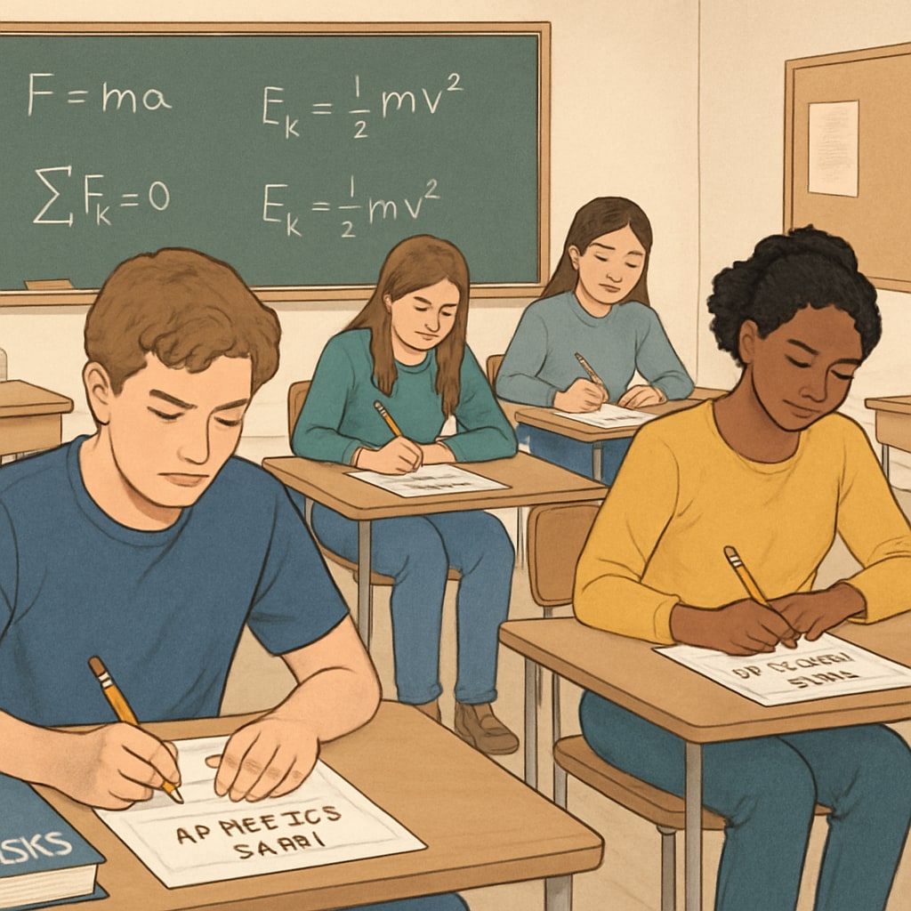 A classroom setting where students are taking an AP Physics exam, symbolizing academic challenges. AP Physics exam classroom with students facing academic challenges.