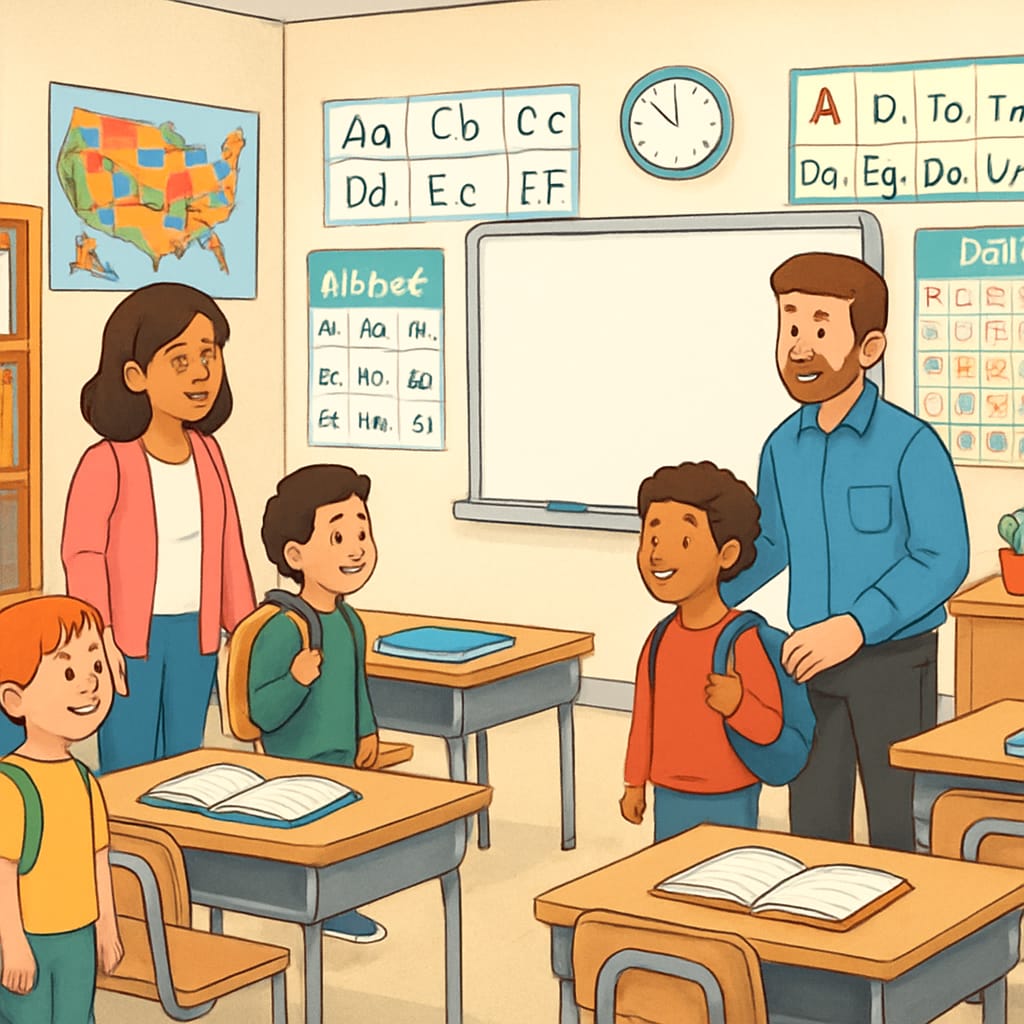 Parents and children touring a well-equipped public elementary school classroom. Parents and children exploring a public school classroom environment.