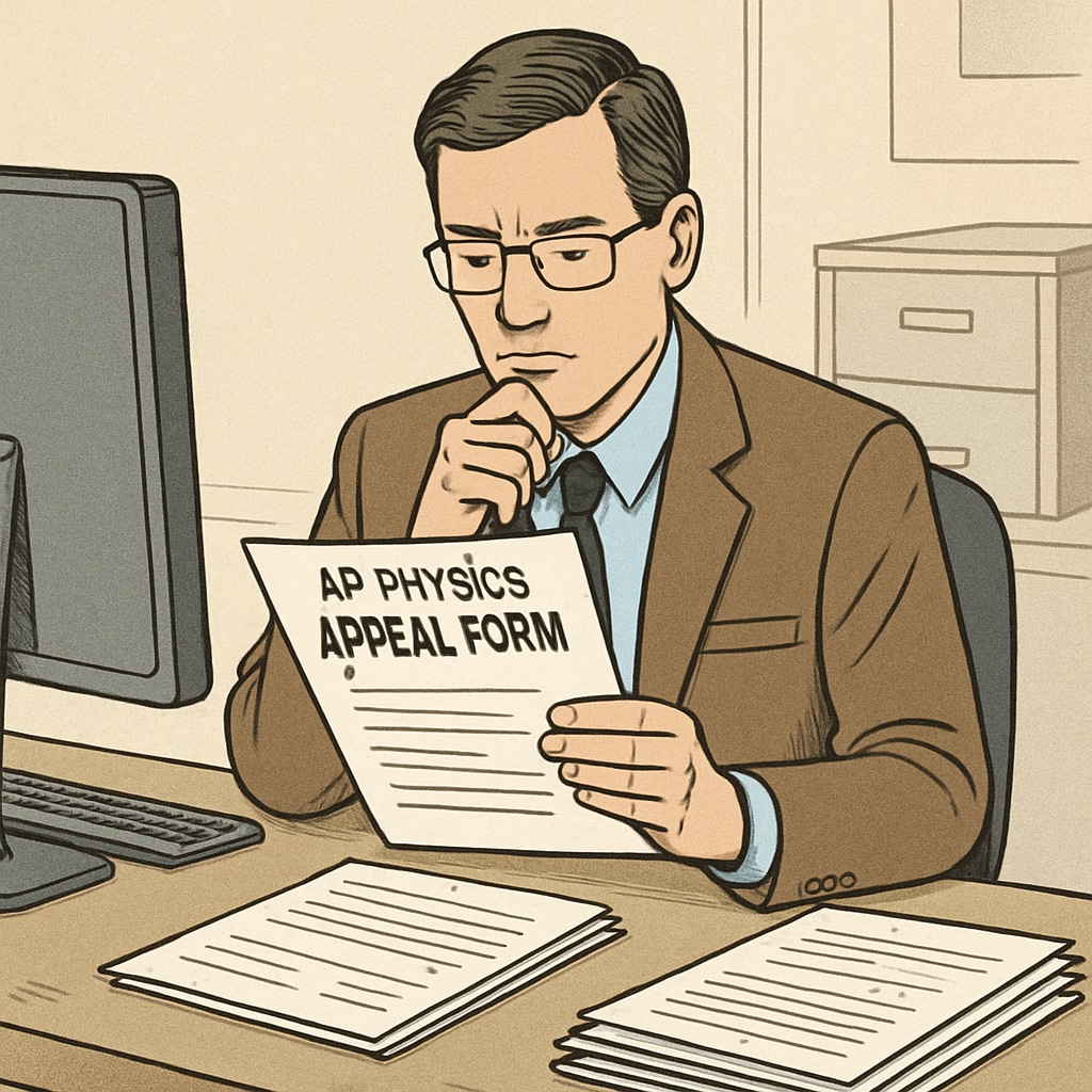 An administrator reviewing an appeal form for an AP Physics grading dispute, illustrating the bureaucratic nature of appeals processes. AP Physics grading dispute appeal being reviewed by an administrator.