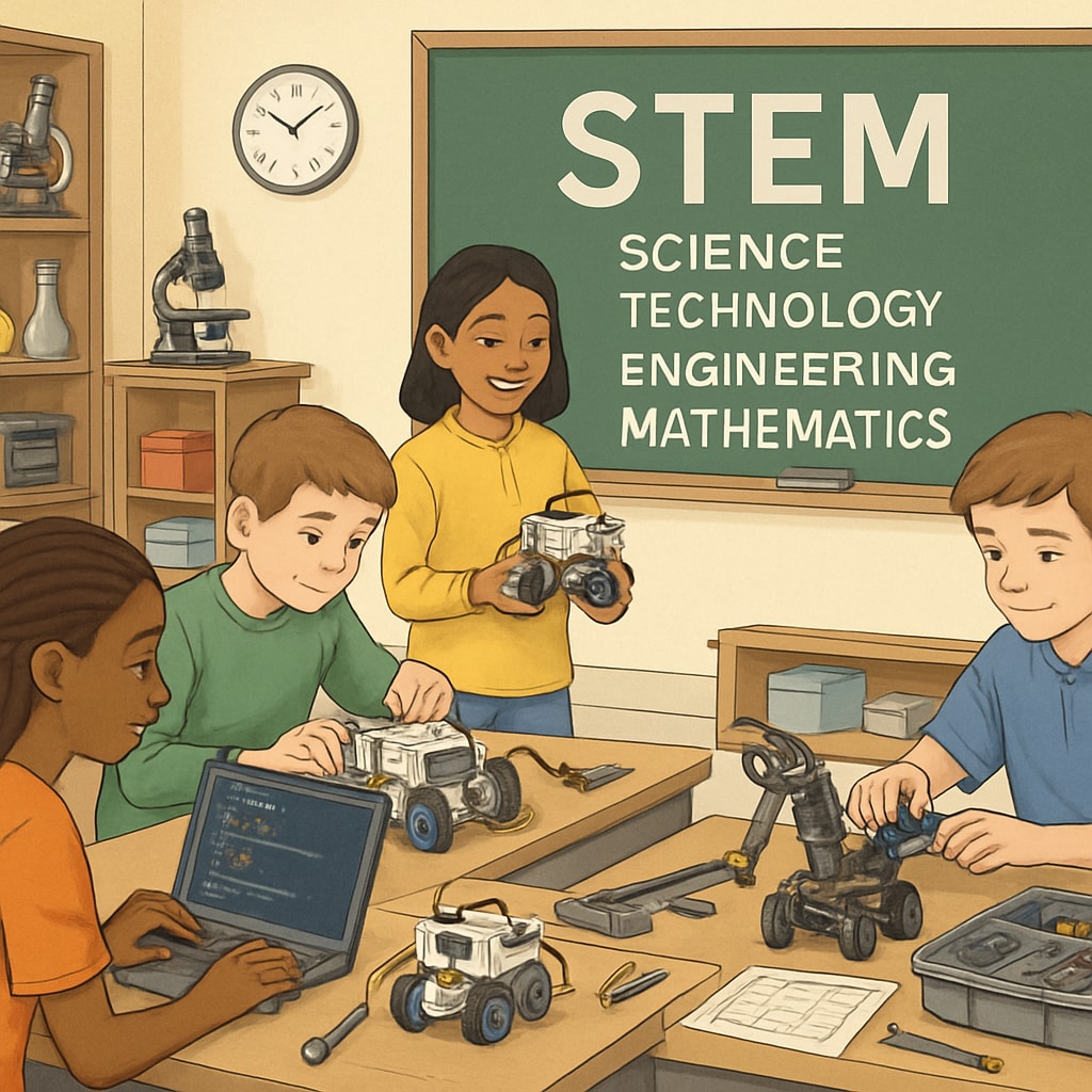 A classroom with students engaged in a STEM project, surrounded by robotics and coding equipment. High school students participating in a STEM education project to enhance education efficiency.