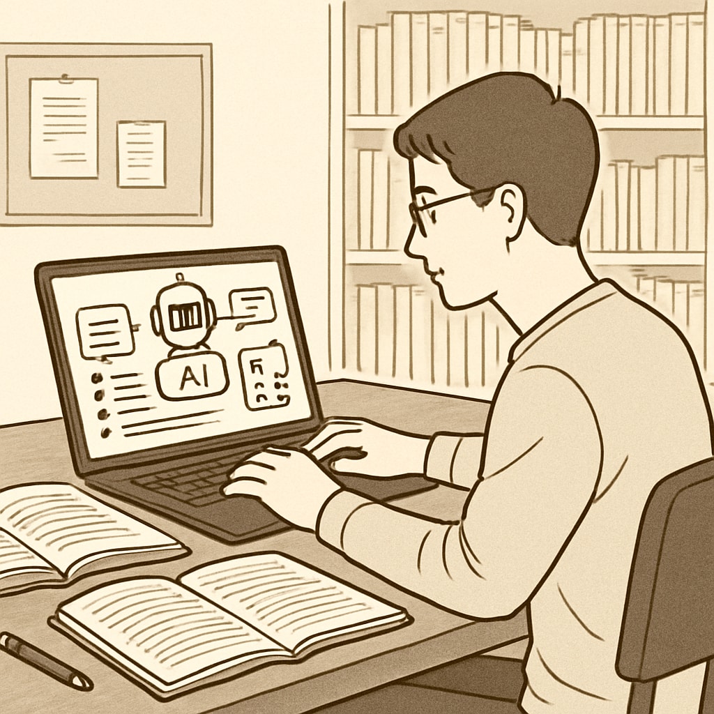 A university student using AI tools on their laptop to prepare for exams. The scene includes a desk with books and a laptop displaying an AI interface. University student using AI subscription services to enhance learning and improve academic performance.