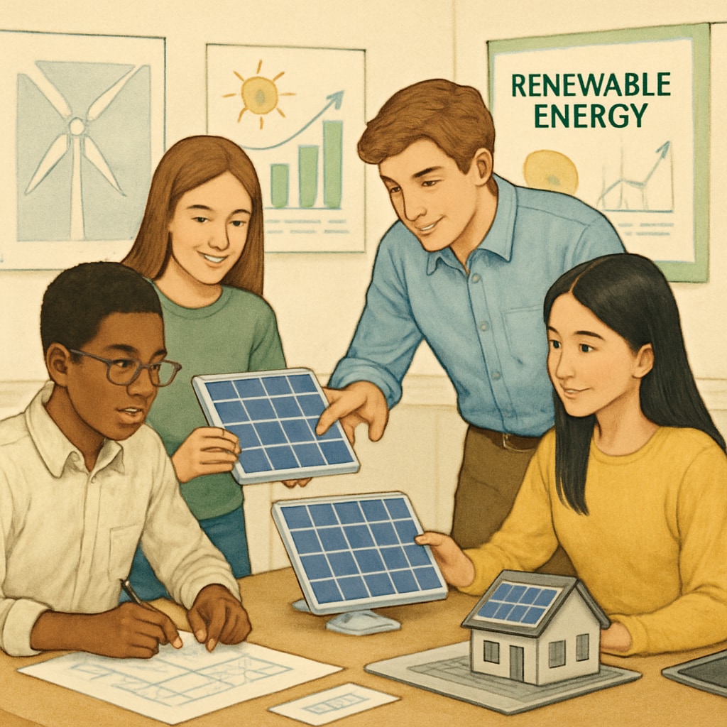 Students working collaboratively on a STEM-based project involving solar panels and sustainable energy models. High school students applying STEM principles to real-world problems in a collaborative project.