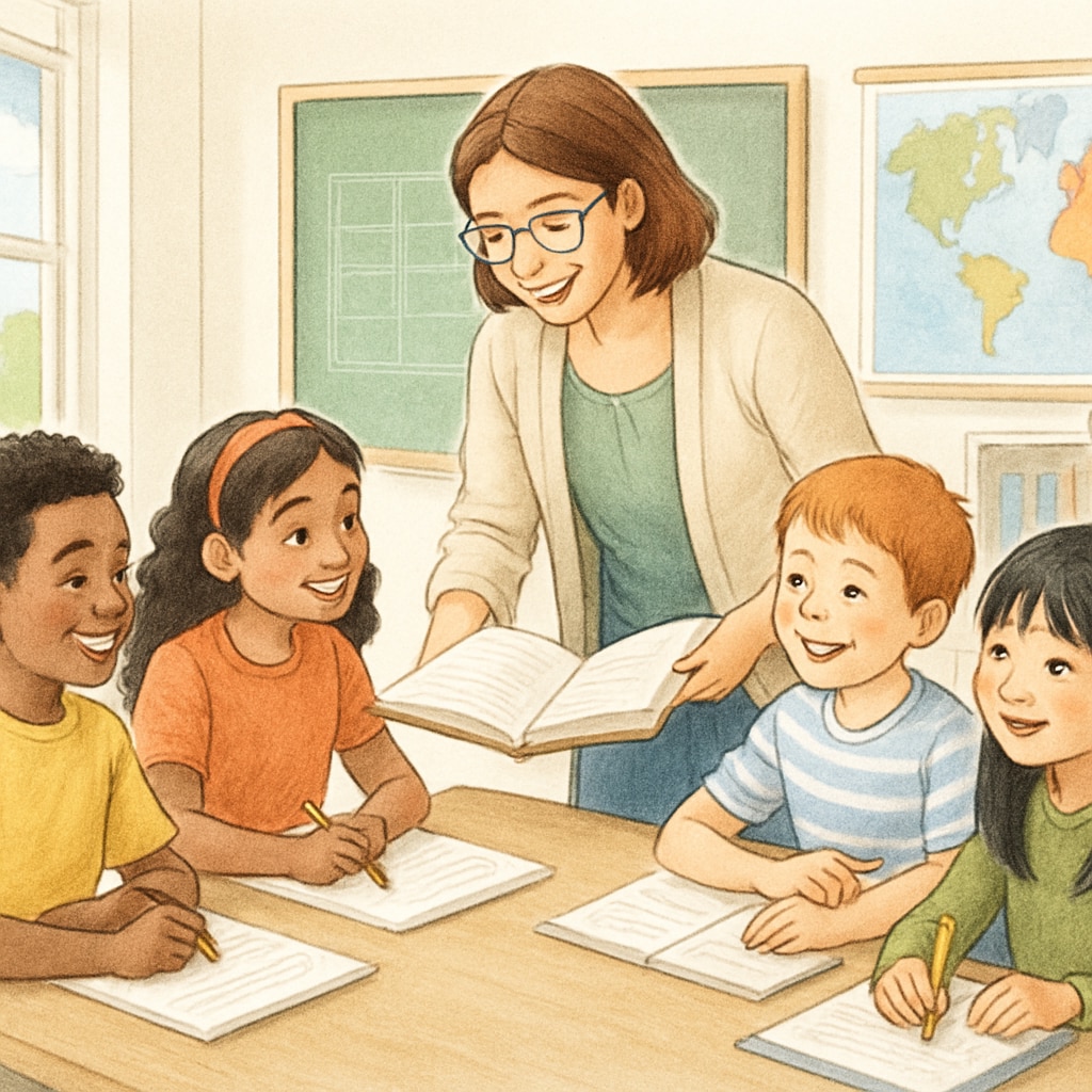 A diverse group of young students with a teacher in a bright and welcoming classroom, symbolizing a positive learning environment. A welcoming classroom environment with a teacher and diverse students, highlighting school quality.