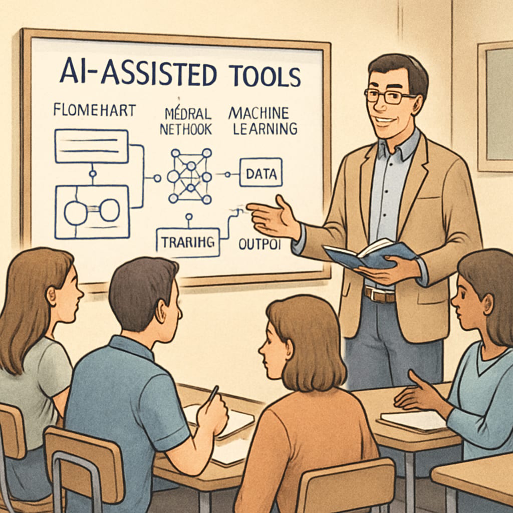 A tutor explaining AI-assisted tools to a group of students. The image includes a whiteboard with diagrams related to AI learning strategies. Group of students learning about AI tools for academic success during a tutoring session.
