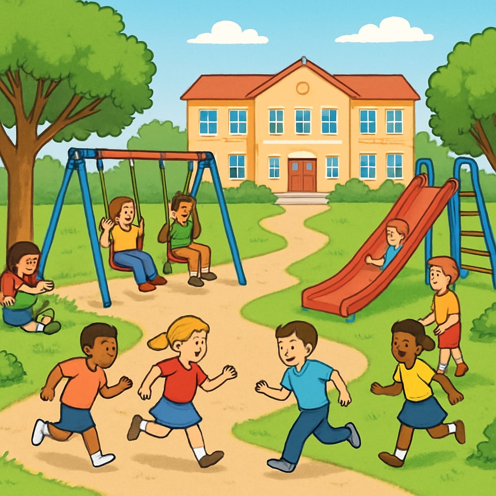 A school playground with children engaged in various activities, showcasing a healthy and vibrant campus atmosphere. Public school playground with active children, illustrating campus environment quality.