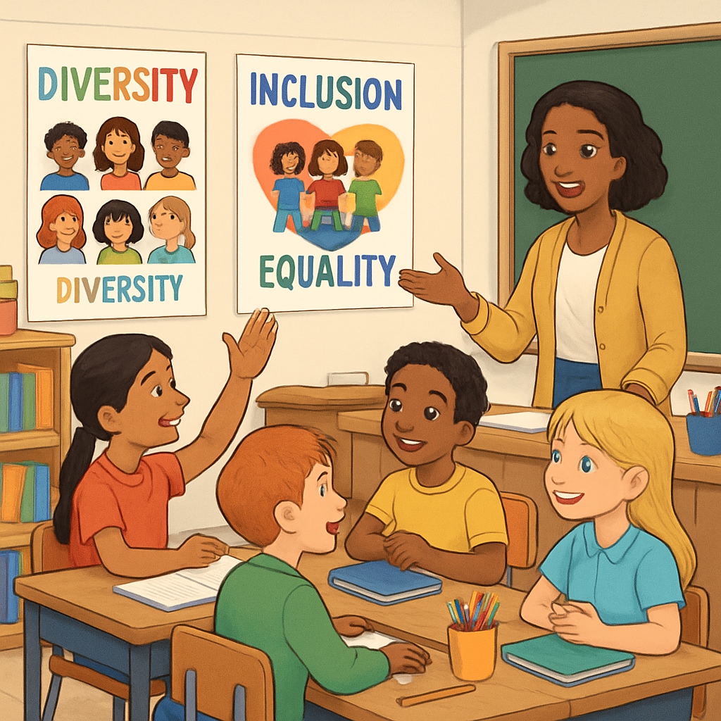 First graders discussing diversity and inclusion in a classroom setting.