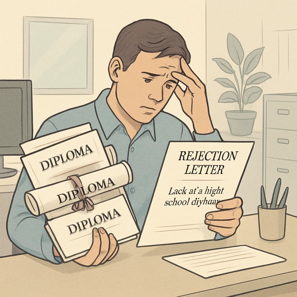 A job applicant with college degrees rejected due to missing a high school diploma.