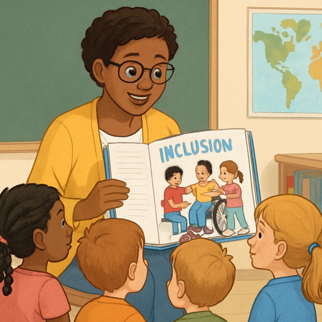 Teacher reading a story about inclusion to young students.