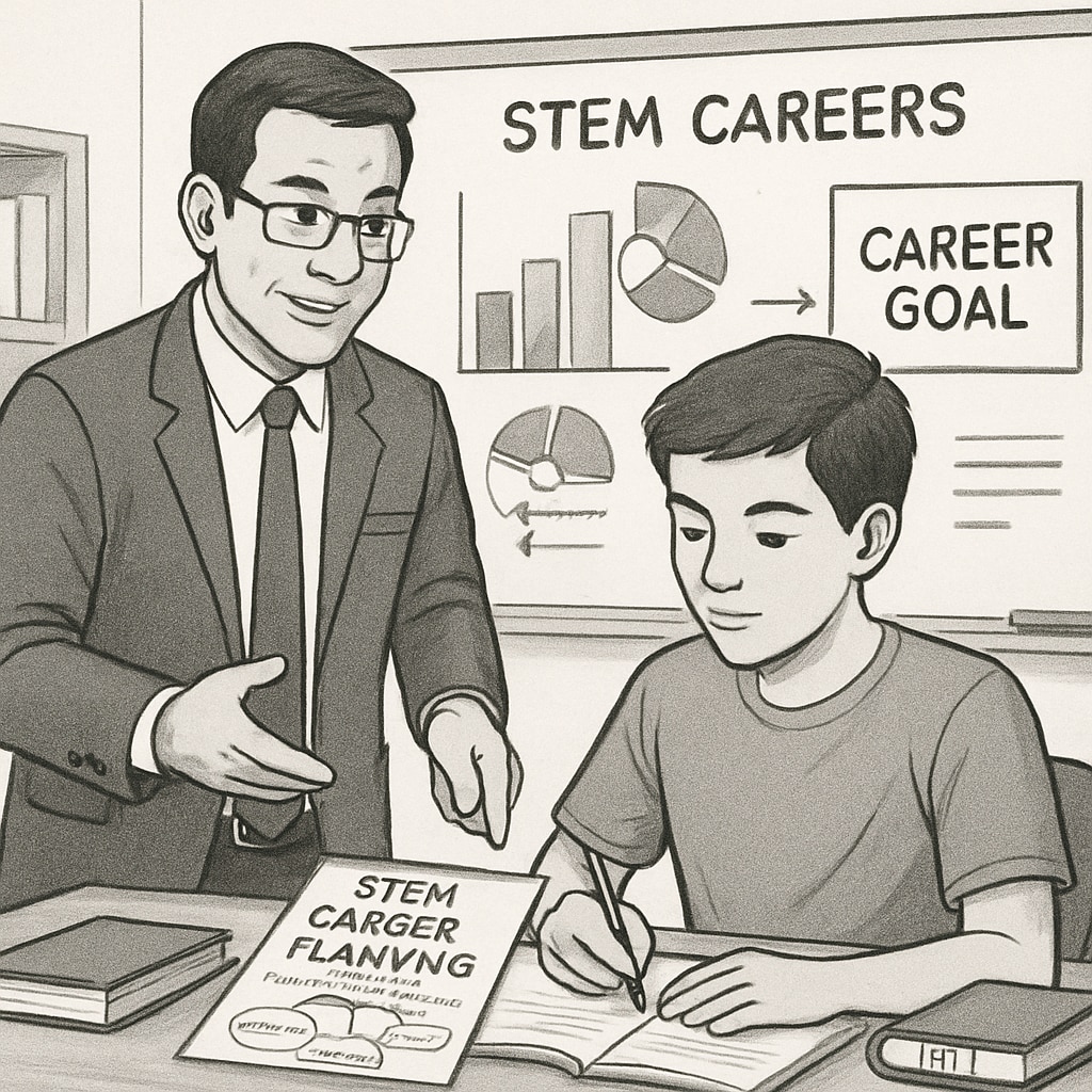 A mentor guiding a high school student through a STEM career planning exercise. Mentor helping a student plan STEM career steps.