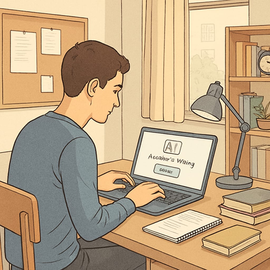 A college student using a laptop in a dorm room, engaging with an AI tool for academic writing tasks. Student utilizing AI subscription services for essay writing and learning assistance.