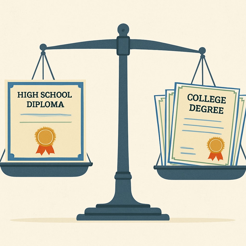 A scale with a high school diploma outweighing multiple college degrees.