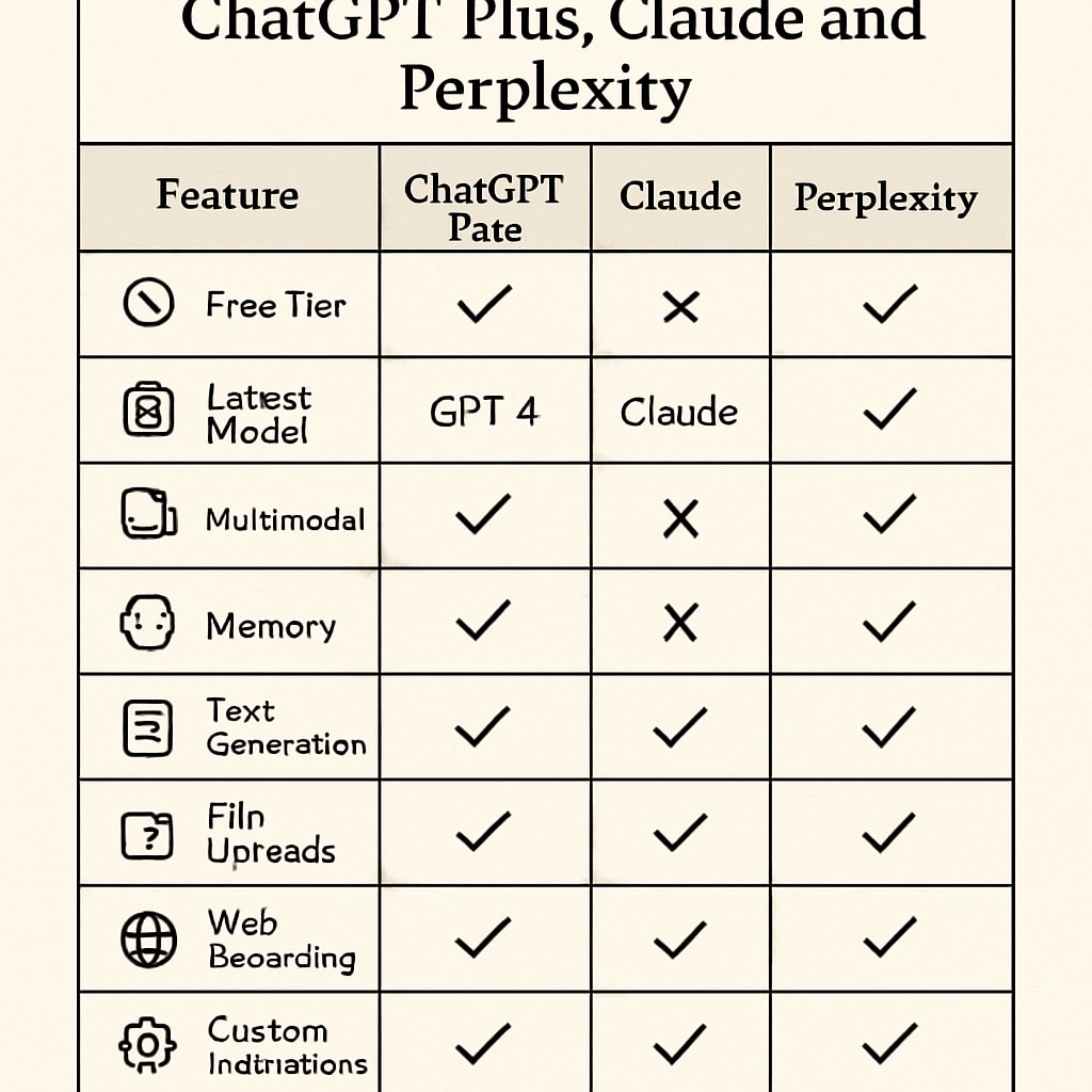 A detailed comparison chart illustrating the features and capabilities of ChatGPT Plus, Claude, and Perplexity. Comparison chart showcasing AI tools for academic success.