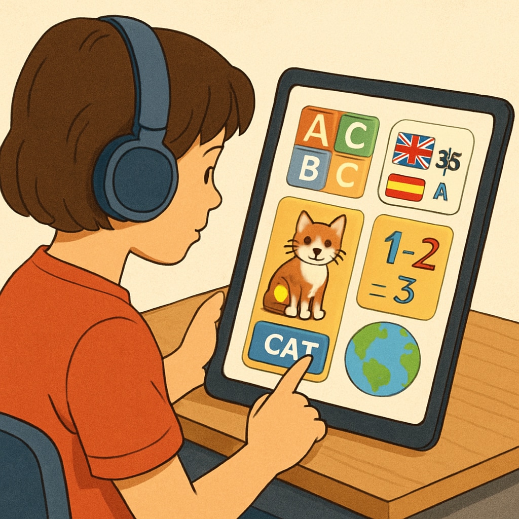 A young student engaged with Gurwi's interactive learning app on a tablet, showcasing vibrant visual elements and multilingual options. Interactive learning app Gurwi with visual elements and multilingual options.