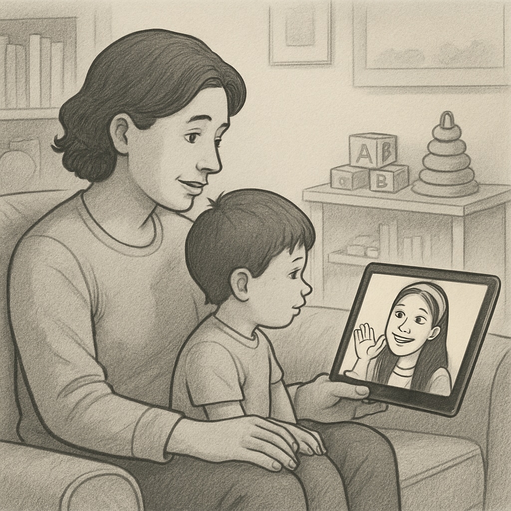 A parent and child watching an educational video from Ms Rachel on a tablet, showcasing her impact on early childhood learning. Parent and child watching Ms Rachel's educational video.