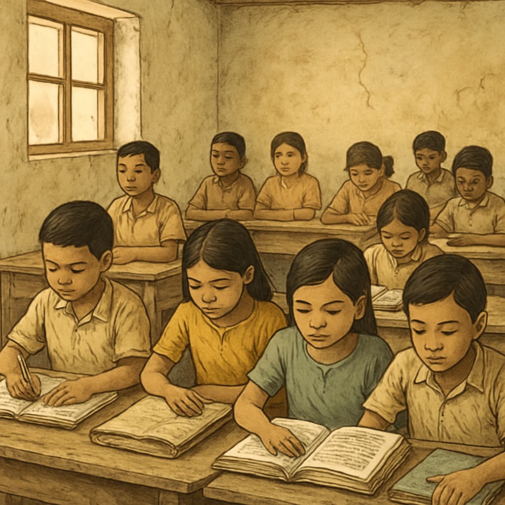 A classroom in a developing country where children are learning under challenging conditions, emphasizing the need for broader humanitarian focus. Children learning in a developing country classroom.
