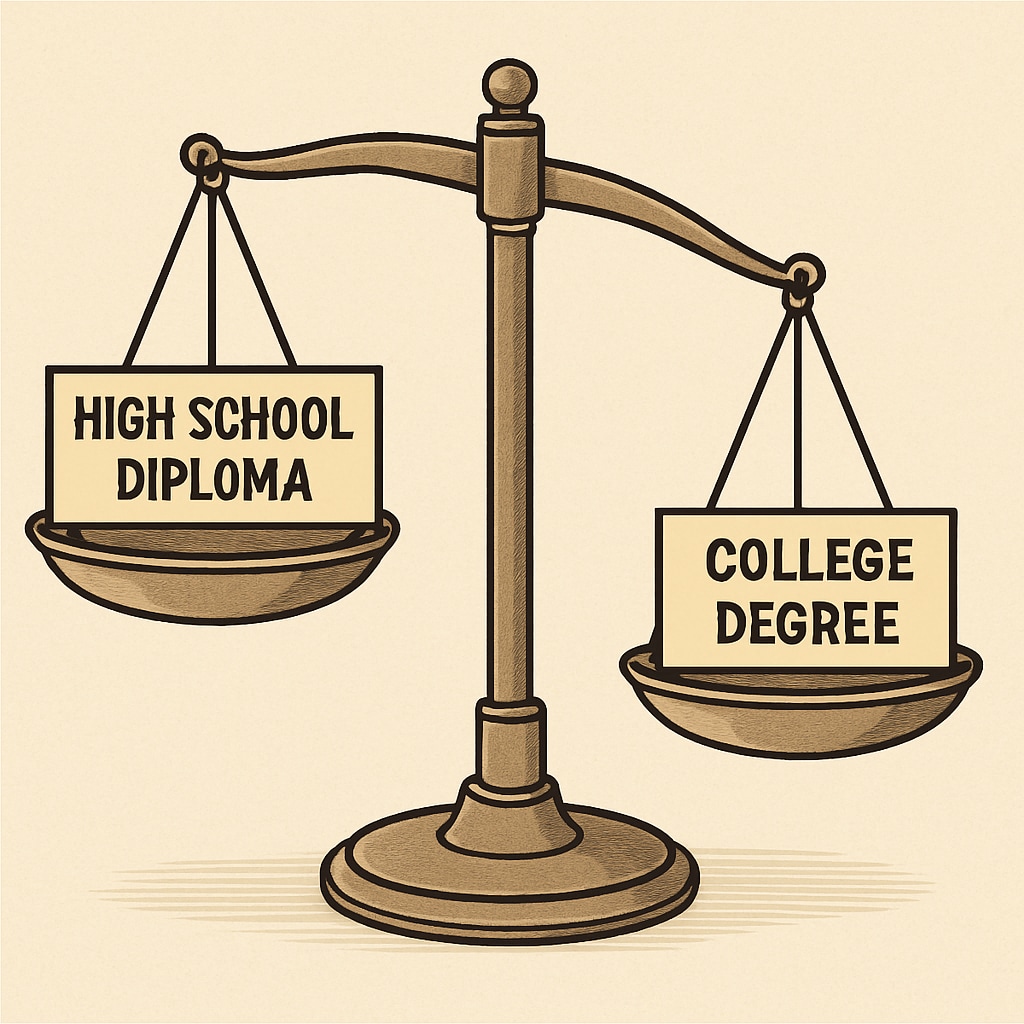 A conceptual image highlighting the paradox in education qualifications, showing a scale favoring a high school diploma.