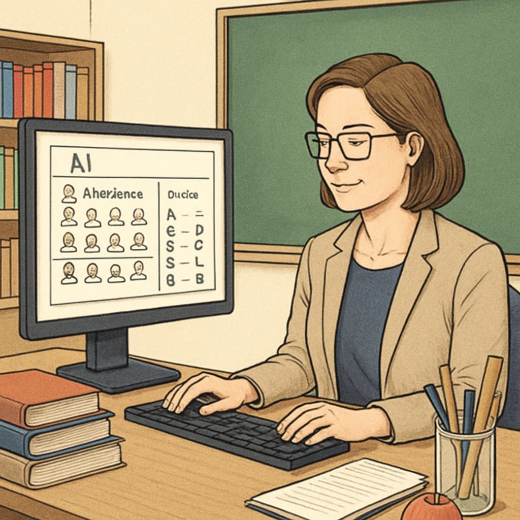 Teacher using AI platform for student attendance and grades.