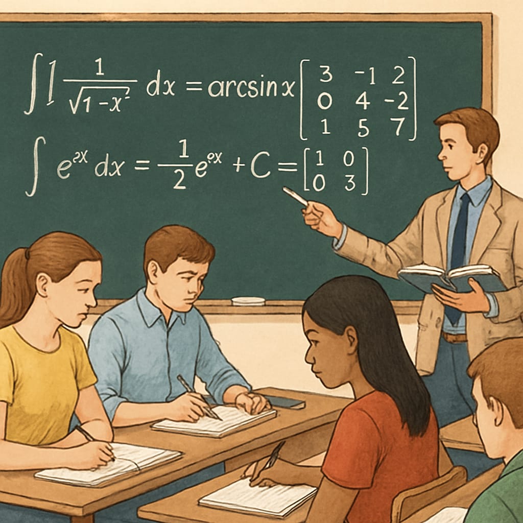 Students in a math classroom studying calculus and linear algebra concepts.