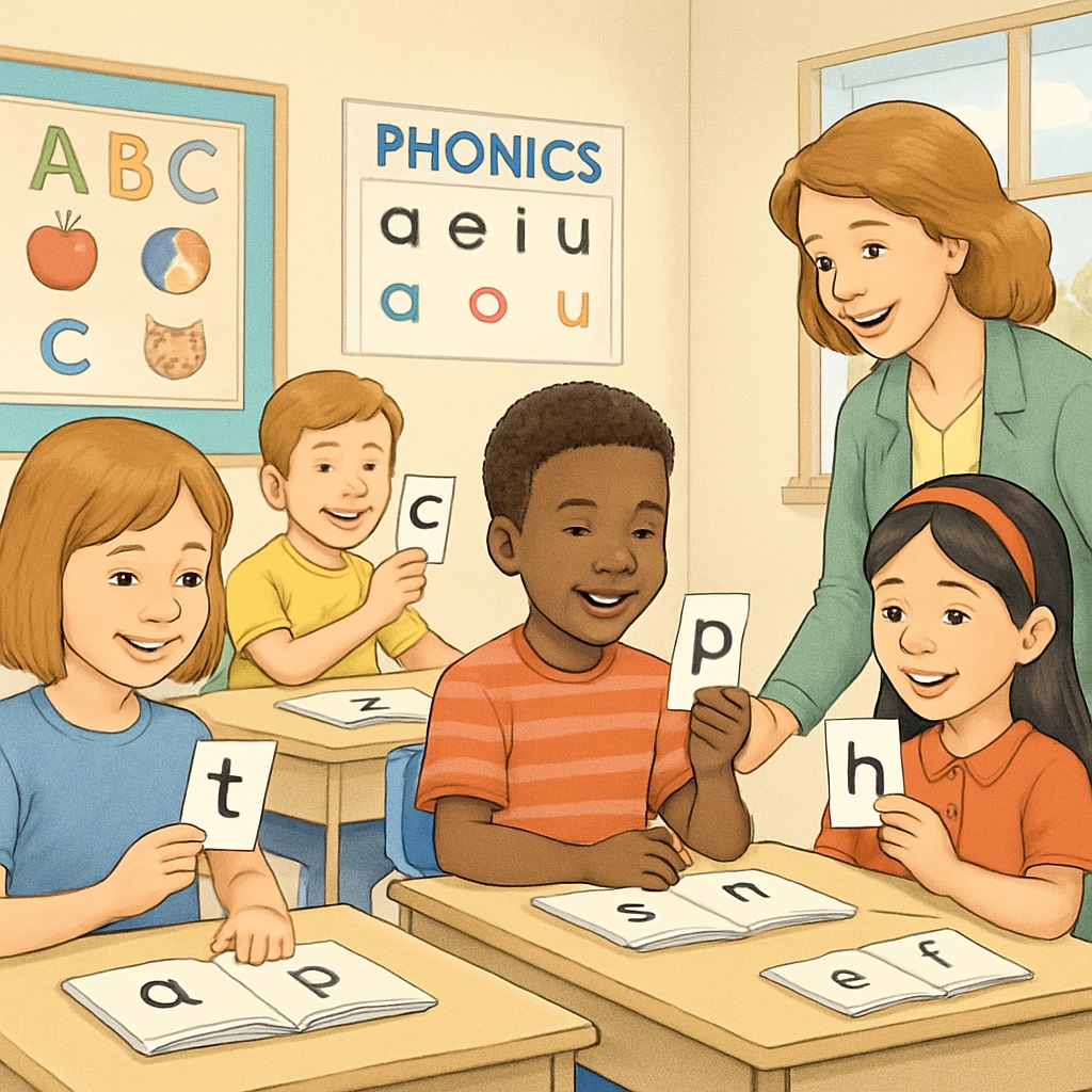 Children learning phonics through letter cards in a classroom setting.