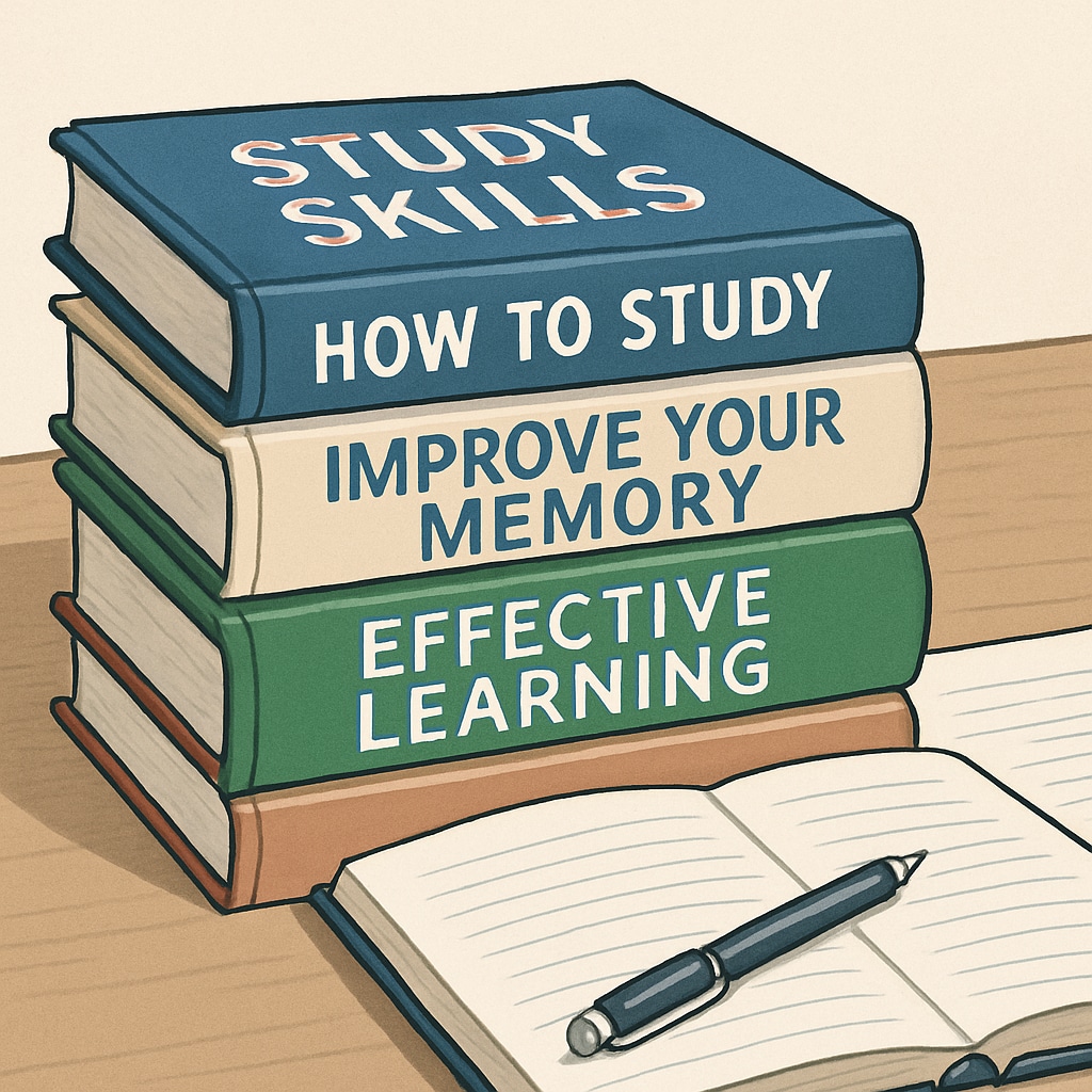 A stack of educational books with titles focused on study methods and memory techniques, placed on a desk with a notebook and pen. The image represents the idea of reading and self-improvement resources. Educational books on study methods and memory techniques for teens