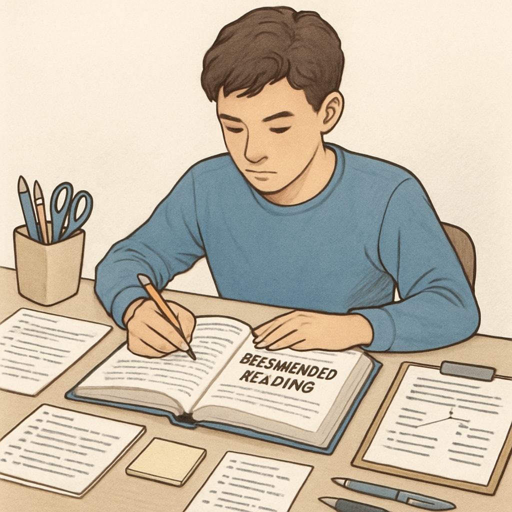 Teenager sitting at a desk with one of the recommended books open, surrounded by study notes. This image visually connects to the concept of active learning. Teenager reading study methods and memory books
