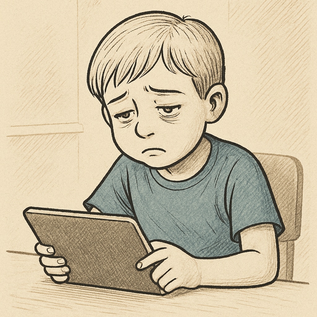 Child showing signs of fatigue during prolonged tablet use, representing technology addiction risks.
