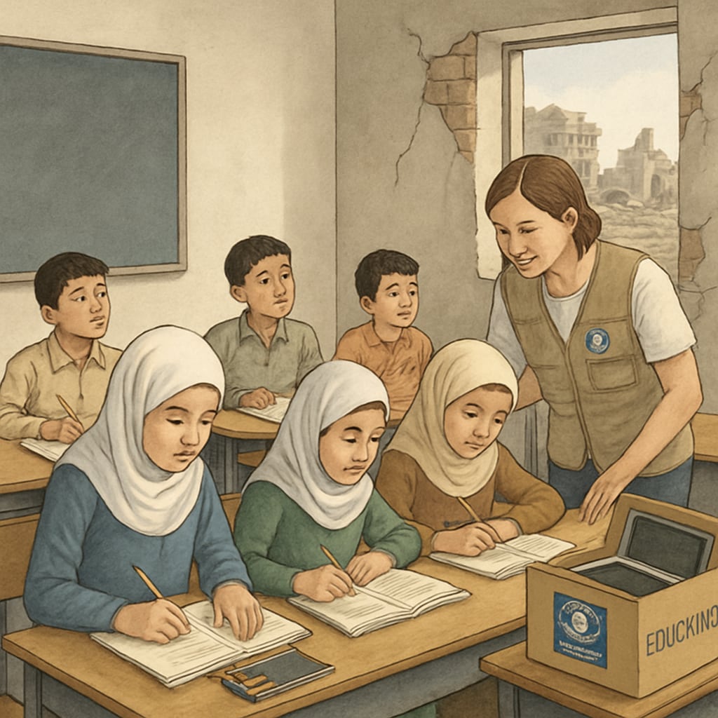Children receiving education in a conflict zone, highlighting Ms. Rachel’s humanitarian work.