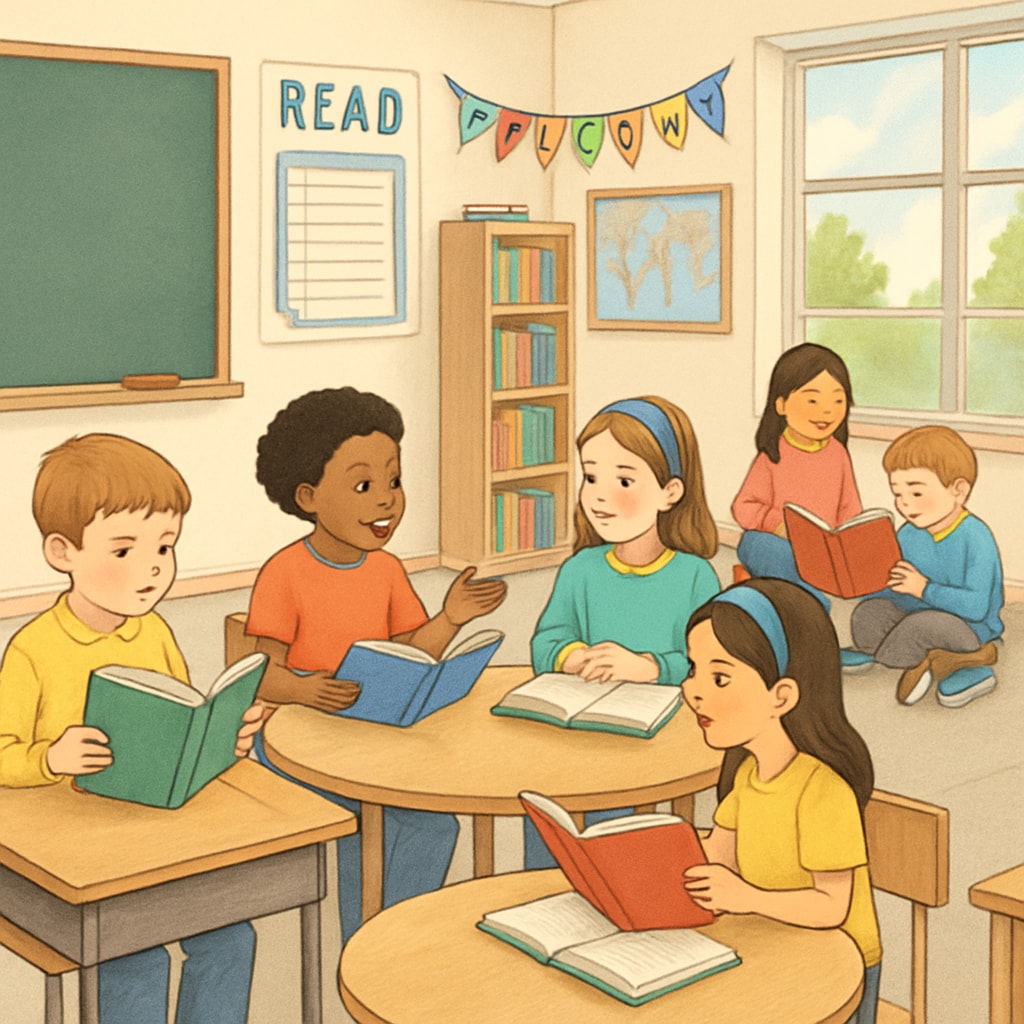 A classroom setting where children are engaged in whole language activities, such as reading books or group discussions. Whole language teaching classroom with children reading books and discussing.