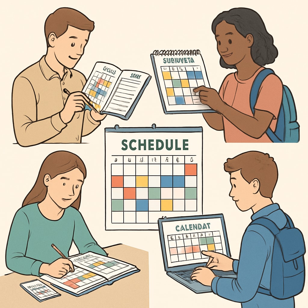 Students organizing their schedules with planners and digital tools for effective time management.