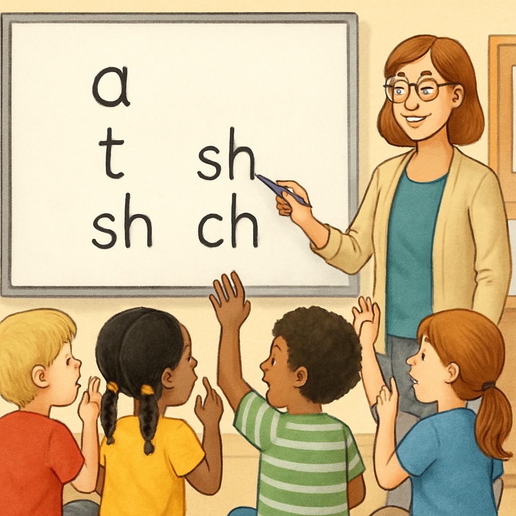 A teacher demonstrating phonics concepts on a whiteboard, with children practicing their letter-sound combinations. Phonics-based instruction with teacher explaining letter-sound relationships.