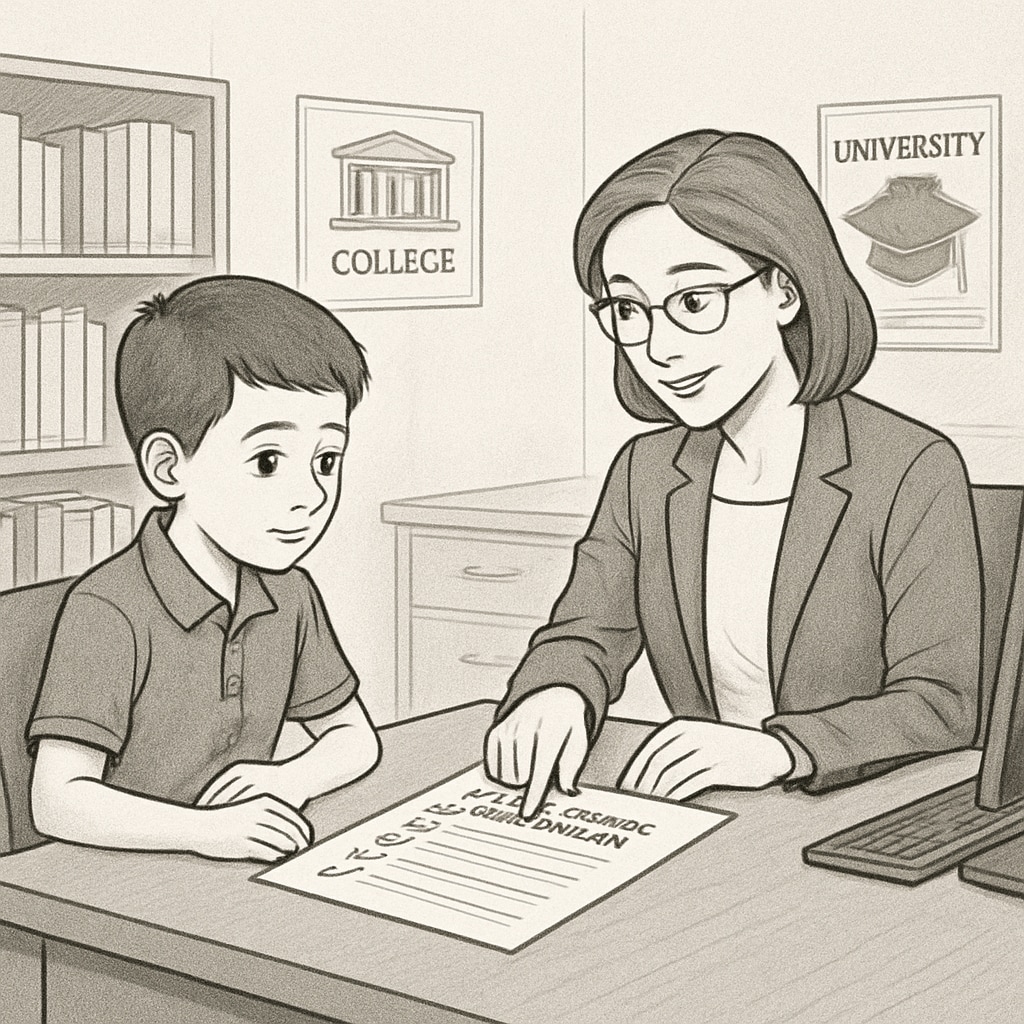 A 10-year high school graduate reviewing university admission requirements with a counselor. A student reviewing university requirements, highlighting educational disparities.